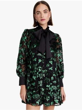 Alice + Olivia Black Dress with Emerald Floral Pattern and Bow Tie Neck